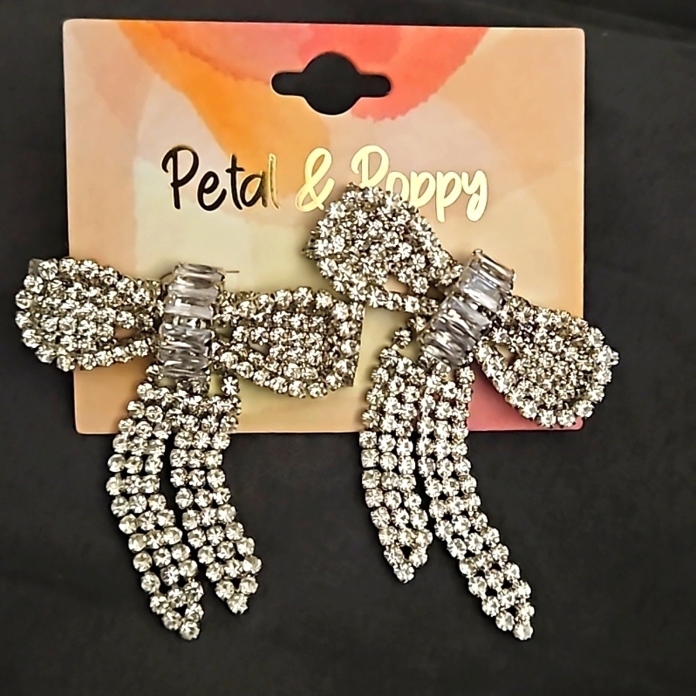 Petal & Poppy Silver Diamond Gem Pierced Bow Dangling Earrings Formal Costume